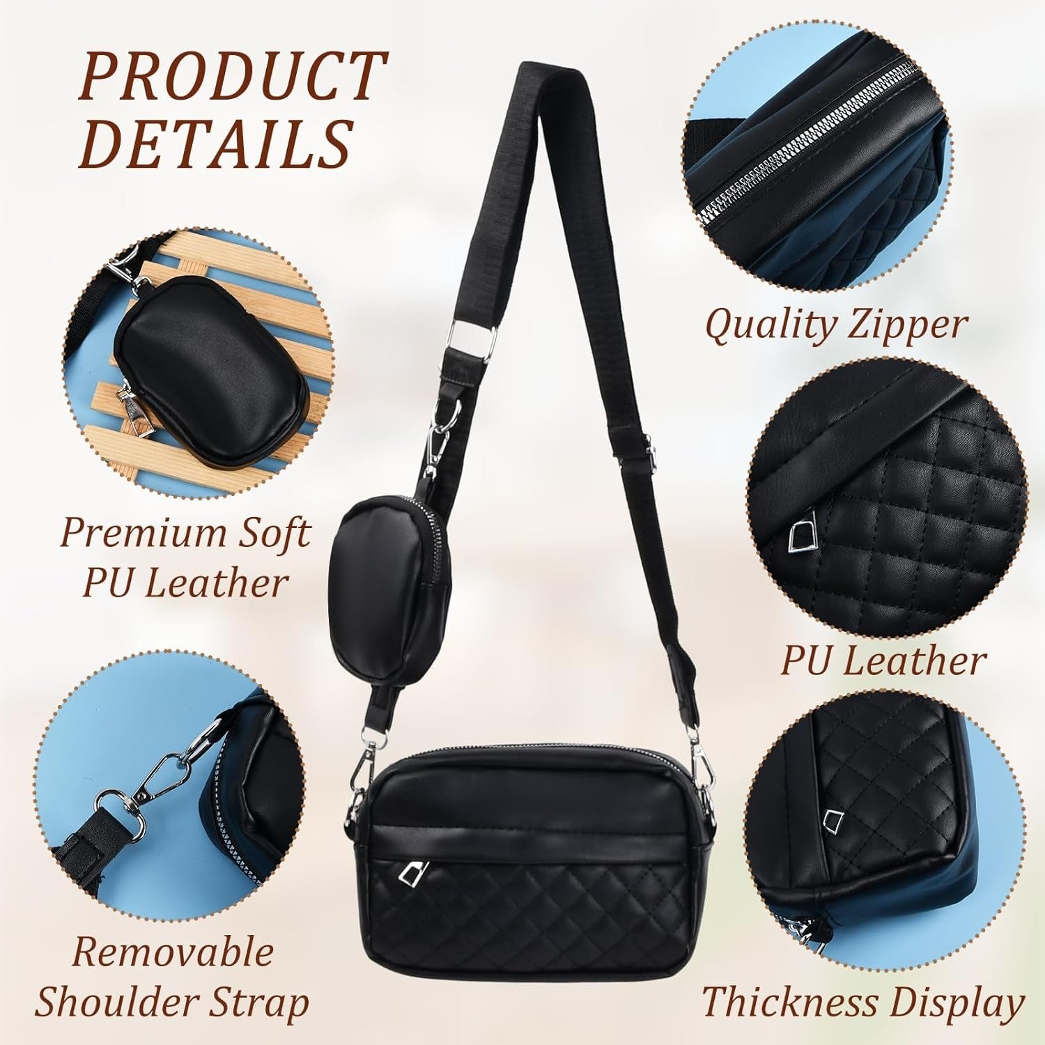 Ladies Fashion Crossbody Bag Set – Luxury PU Leather Waterproof Shoulder Bag with Matching Change Purse | Black Handbag for Women